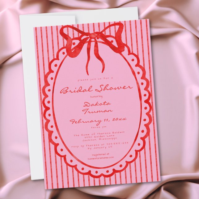 Invitación Whimsical Red Pink Bow Stripe Bridal Shower (Whimsical Red Pink Bow Stripe Bridal Shower Invitation)