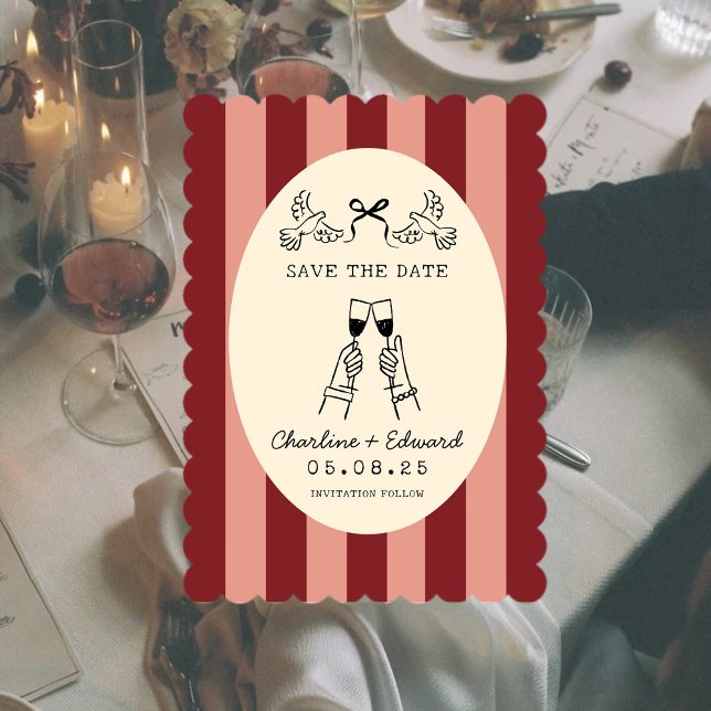 Invitación Whimsical Red Pink Striped Scribble Save the Date  (Subido por el creador)