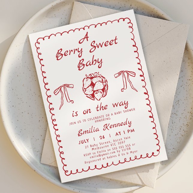 Invitación Whimsical Red Strawberry Berry Sweet Baby Shower (Hand Drawn Berry Baby Shower Invitation Template Red, Whimsical Strawberry Baby Shower Invitation )