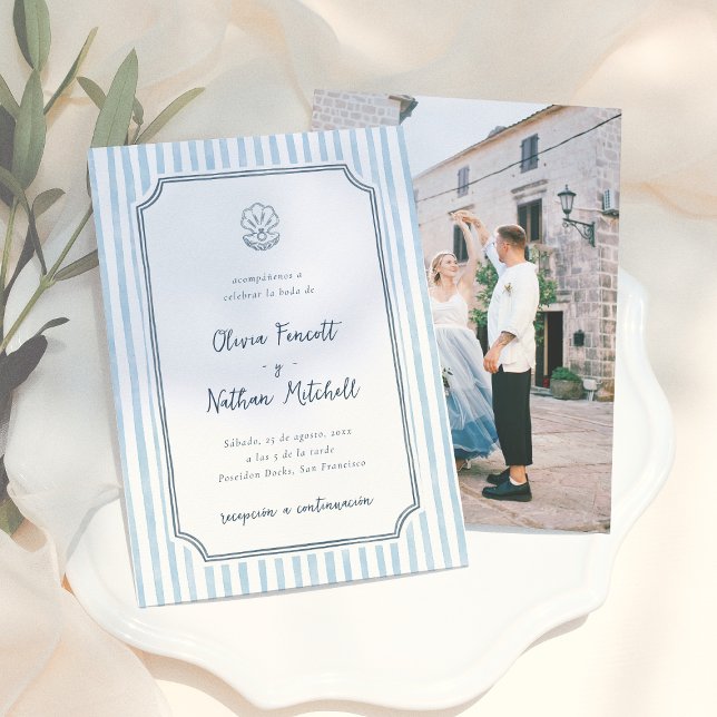 Invitación Whimsical Retro Blue Stripes Spanish Wedding (Subido por el creador)