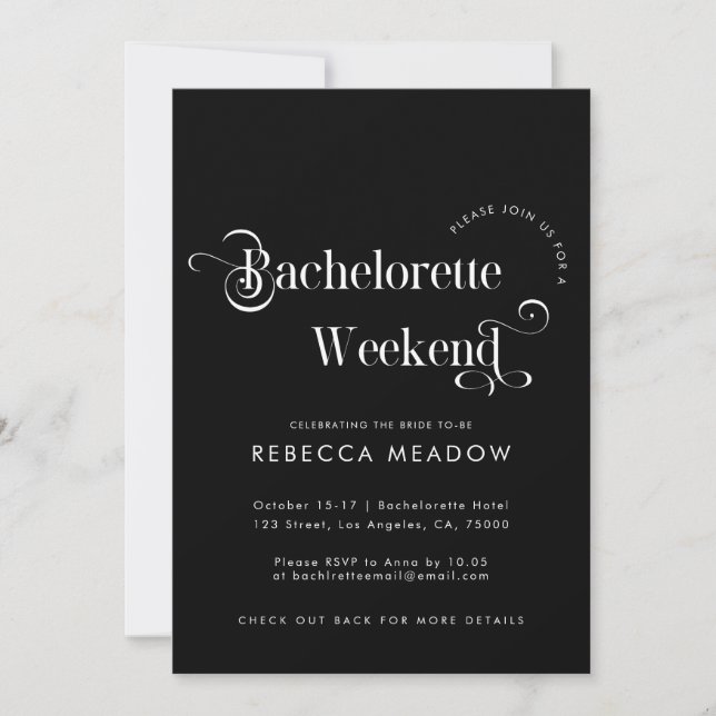 Invitación Whimsical Retro Script Black Bachelorette Party (Anverso)