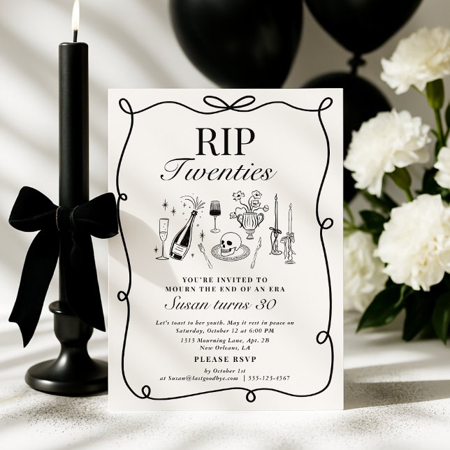Invitación Whimsical RIP 20's, cumpleaños funeral de la mano (Subido por el creador)