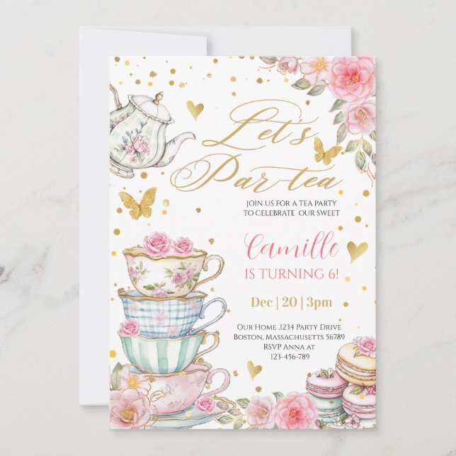 Invitación Whimsical rose Pink Floral Tea Party Birthday  (Anverso)
