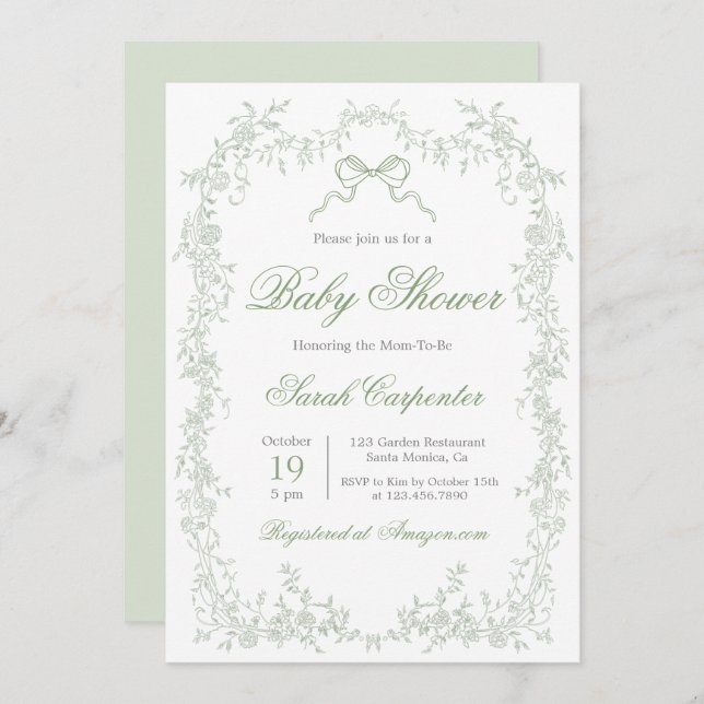Invitación Whimsical Sage Green Baby Shower (Anverso / Reverso)