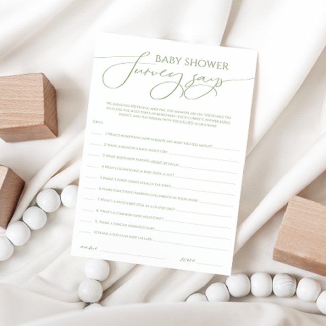 Invitación Whimsical Sage Green Baby Shower Survey dice carta (Subido por el creador)
