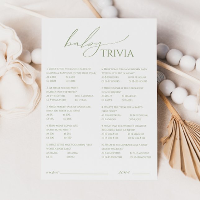 Invitación Whimsical Sage Green Baby Shower Trivia Card (Subido por el creador)