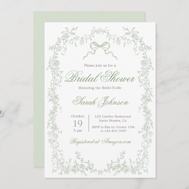 Invitación Whimsical Sage Green Bridal Shower (Anverso / Reverso)