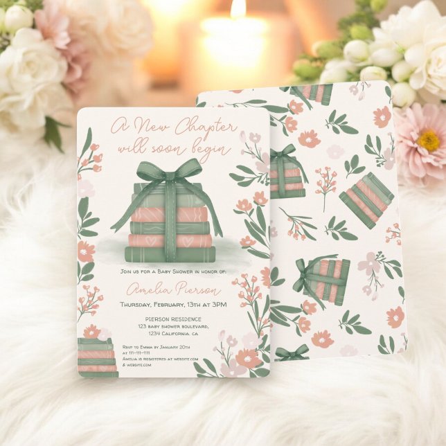 Invitación Whimsical Sage green New Chapter Books Baby Shower (Whimsical Sage green New Chapter Books Baby Shower Invitation)
