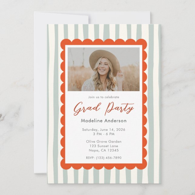 Invitación Whimsical Sage Stripes Graduation Party Photo (Anverso)
