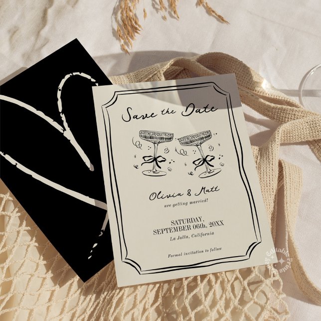 Invitación Whimsical Save The Date Champagne Cheers  (champagne save the date, whimsical save the date, champagne cheers invitation, playful wedding invit)