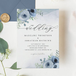 Invitación Whimsical Script Floral Dusty Boda Azul