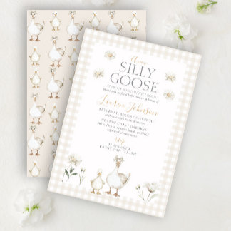 Invitación Whimsical Silly Goose Beige Gingham Baby Shower