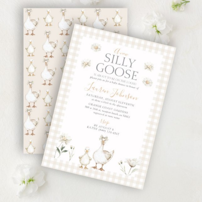Invitación Whimsical Silly Goose Beige Gingham Baby Shower (Subido por el creador)