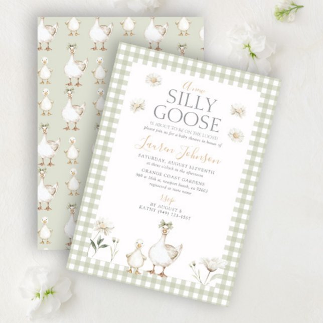 Invitación Whimsical Silly Goose Green Gingham Baby Shower (Subido por el creador)