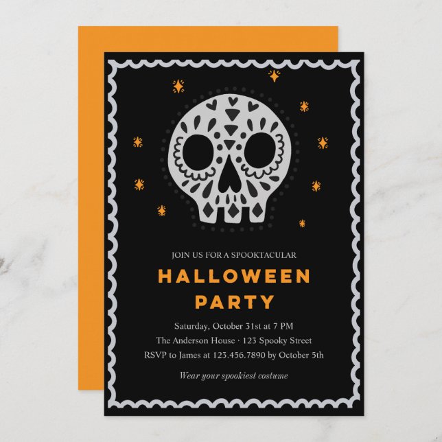 Invitación Whimsical Skull Halloween Party (Anverso / Reverso)
