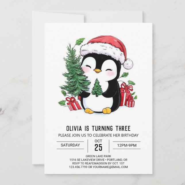 Invitación Whimsical Snowflake Pingüino Cumpleaños Digital (Anverso)