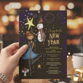 Invitación Whimsical Snowman & Starry Night New Year's Eve