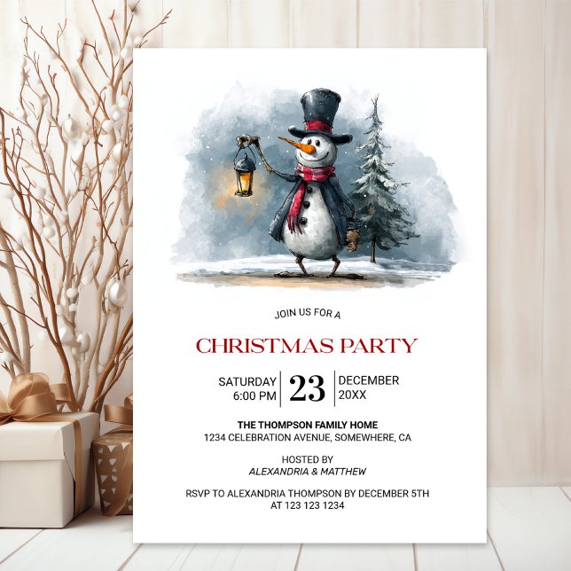 Invitación Whimsical Snowman with Lantern Christmas Party (Subido por el creador)