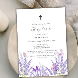 Invitación Whimsical Soft Lavender Butterfly Cross Baptism