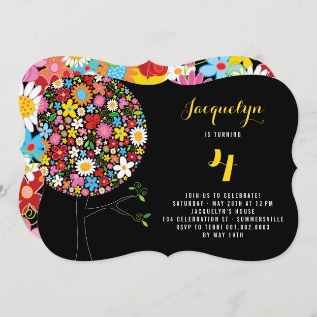 Invitación Whimsical Spring Flowers Pop Tree Birday Party (Anverso / Reverso)