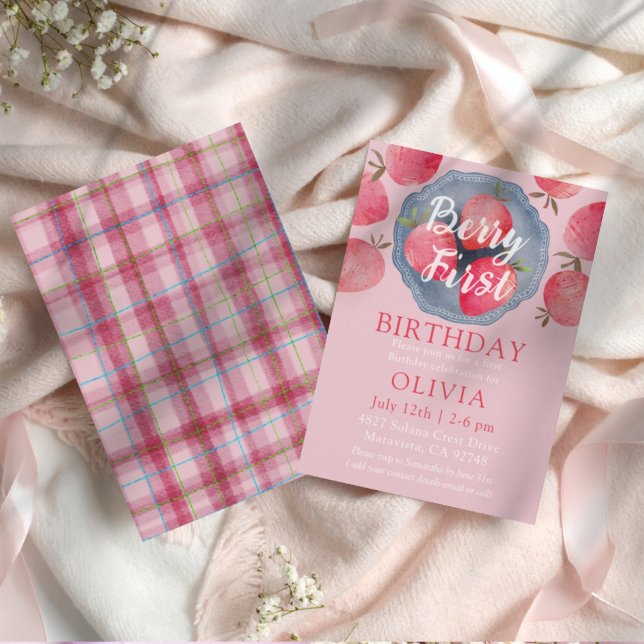Invitación Whimsical Strawberry Pink 1st Birthday Watercolor  (Subido por el creador)