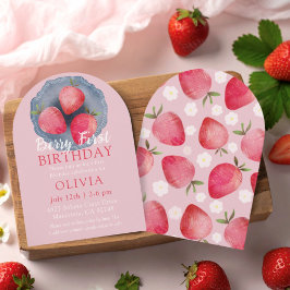 Invitación Whimsical Strawberry Red & Pink 1st Birthday  Invi