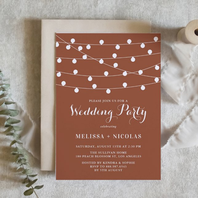 Invitación Whimsical String ilumina la fiesta de la boda de T (Whimsical String Lights Terracotta Wedding Party Invitation)