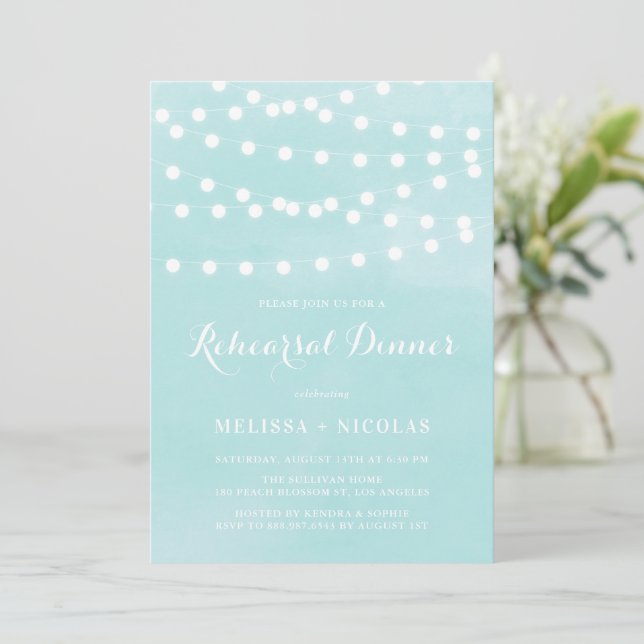 Invitación Whimsical String Lights Aqua Rehearsal Dinner (Anverso de pie)