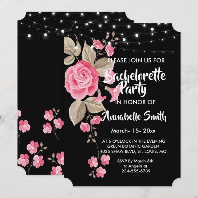 Invitación Whimsical String Lights Black Bacheller (Anverso / Reverso)