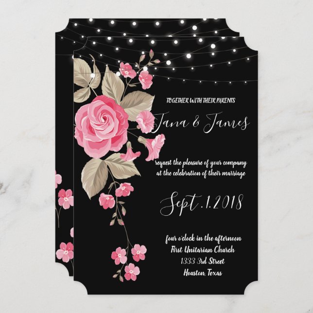 Invitación Whimsical String Lights Black boda (Anverso / Reverso)