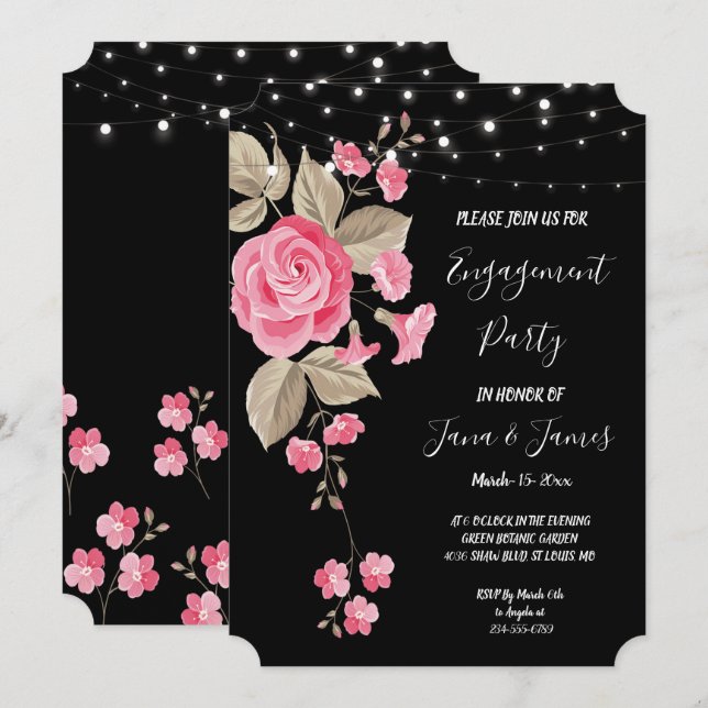 Invitación Whimsical String Lights Black Engagement (Anverso / Reverso)