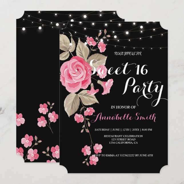 Invitación Whimsical String Lights Black Sweet 16 (Anverso / Reverso)