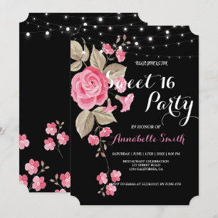 Invitación Whimsical String Lights Black Sweet 16