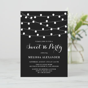 Invitación Whimsical String Lights Black Sweet 16 Fiesta