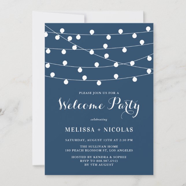 Invitación Whimsical String Lights Navy Blue Welcome Fiesta (Anverso)