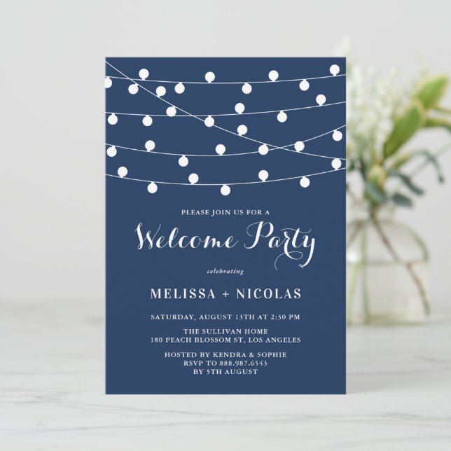 Invitación Whimsical String Lights Navy Blue Welcome Fiesta (Anverso de pie)