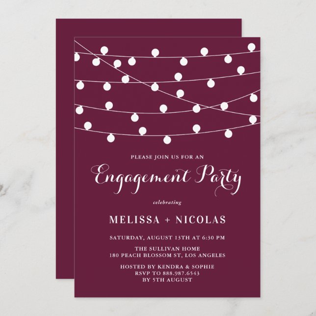 Invitación Whimsical String Lights Purple Engagement Party (Anverso / Reverso)