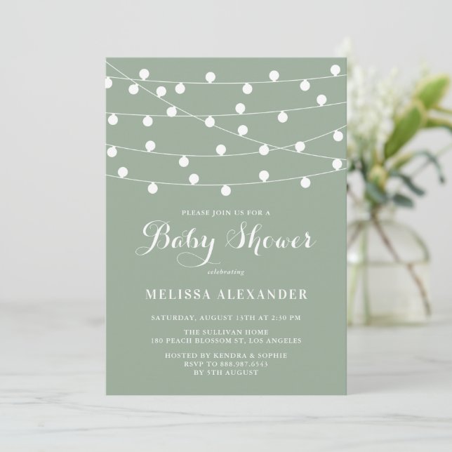 Invitación Whimsical String Lights Sage Green Baby Shower (Anverso de pie)
