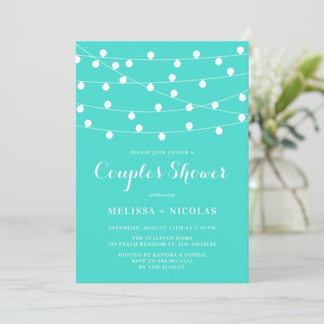 Invitación Whimsical String Luces Ducha de Parejas Turquesas (Anverso de pie)