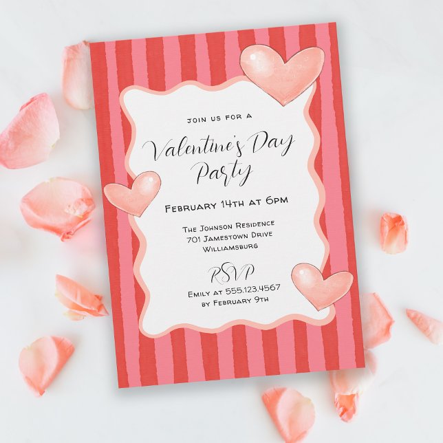 Invitación Whimsical Stripes and Hearts Valentines Day Party (Available in both printed and instant download formats.)