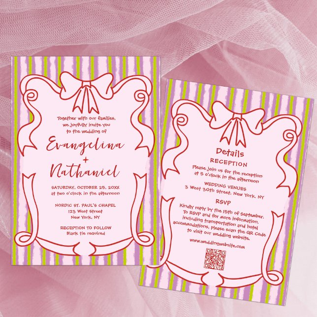 Invitación Whimsical Stripes Wavy Frame Bow Wedding (Subido por el creador)