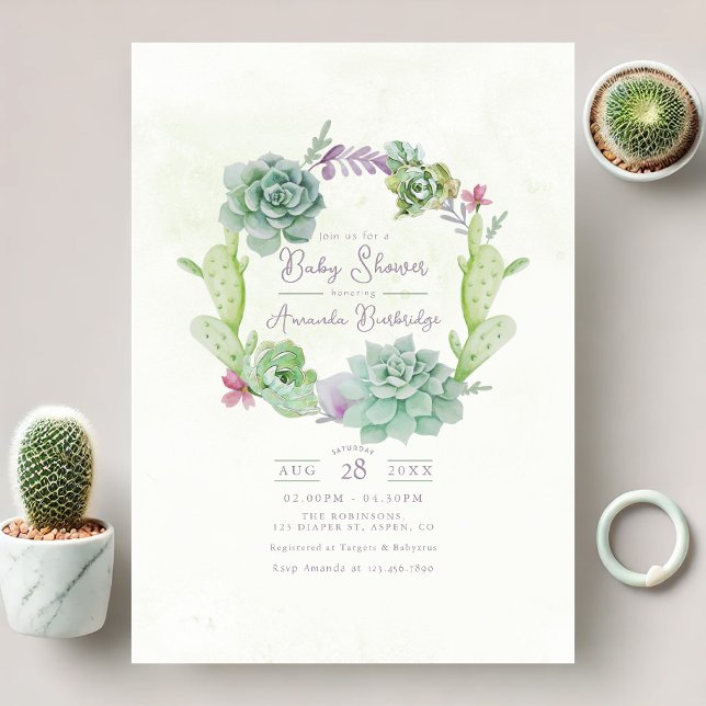 Invitación Whimsical Succulum Wreath Baby Shower (Whimsical Succulent Wreath Baby Shower Invitation)