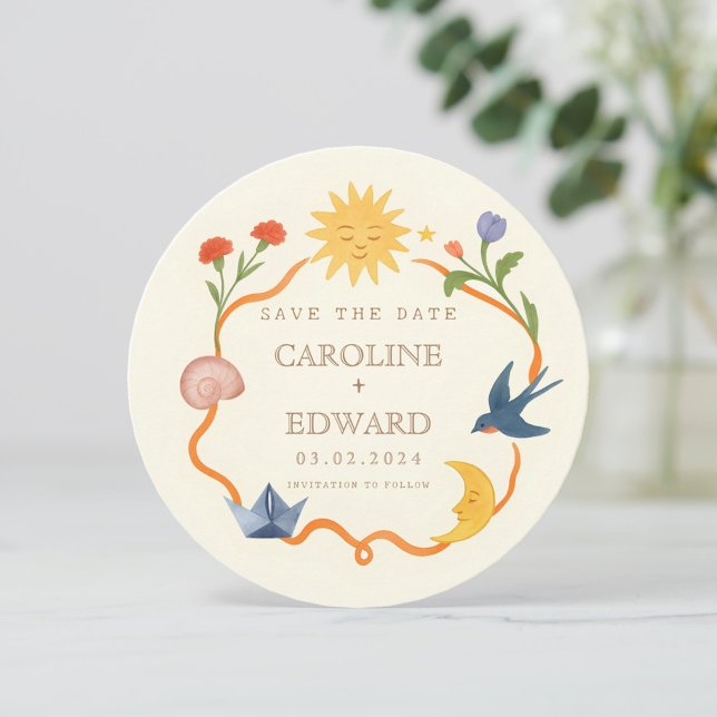 Invitación Whimsical Sun and Moon Round Save the Date  (Subido por el creador)