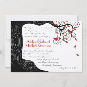 Invitación Whimsical Swirl Aves Negras y Rojas en un árbol