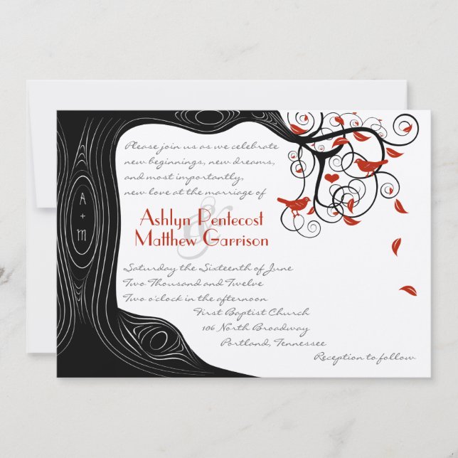 Invitación Whimsical Swirl Aves Negras y Rojas en un árbol (Anverso)