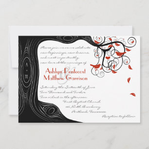 Invitación Whimsical Swirl Aves Negras y Rojas en un árbol
