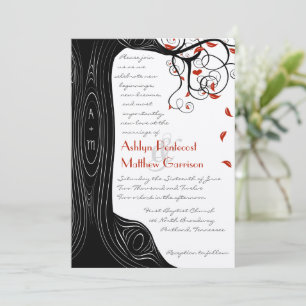 Invitación Whimsical Swirl Aves Negras y Rojas en un árbol