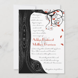 Invitación Whimsical Swirl Aves Negras y Rojas en un árbol