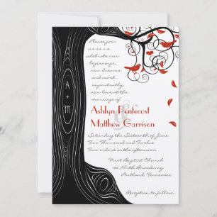 Invitación Whimsical Swirl Aves Negras y Rojas en un árbol