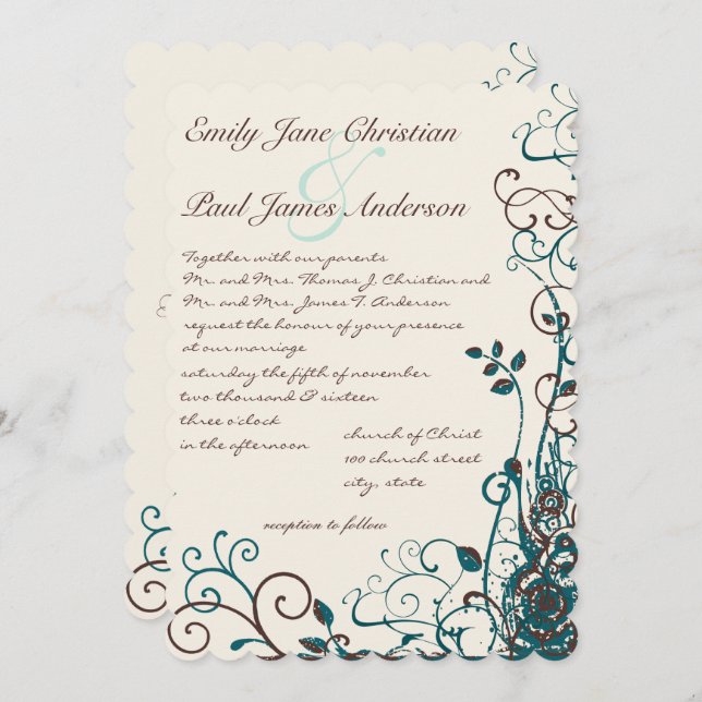 Invitación Whimsical Teal & Brown Swirls Wedding Invitation (Anverso / Reverso)